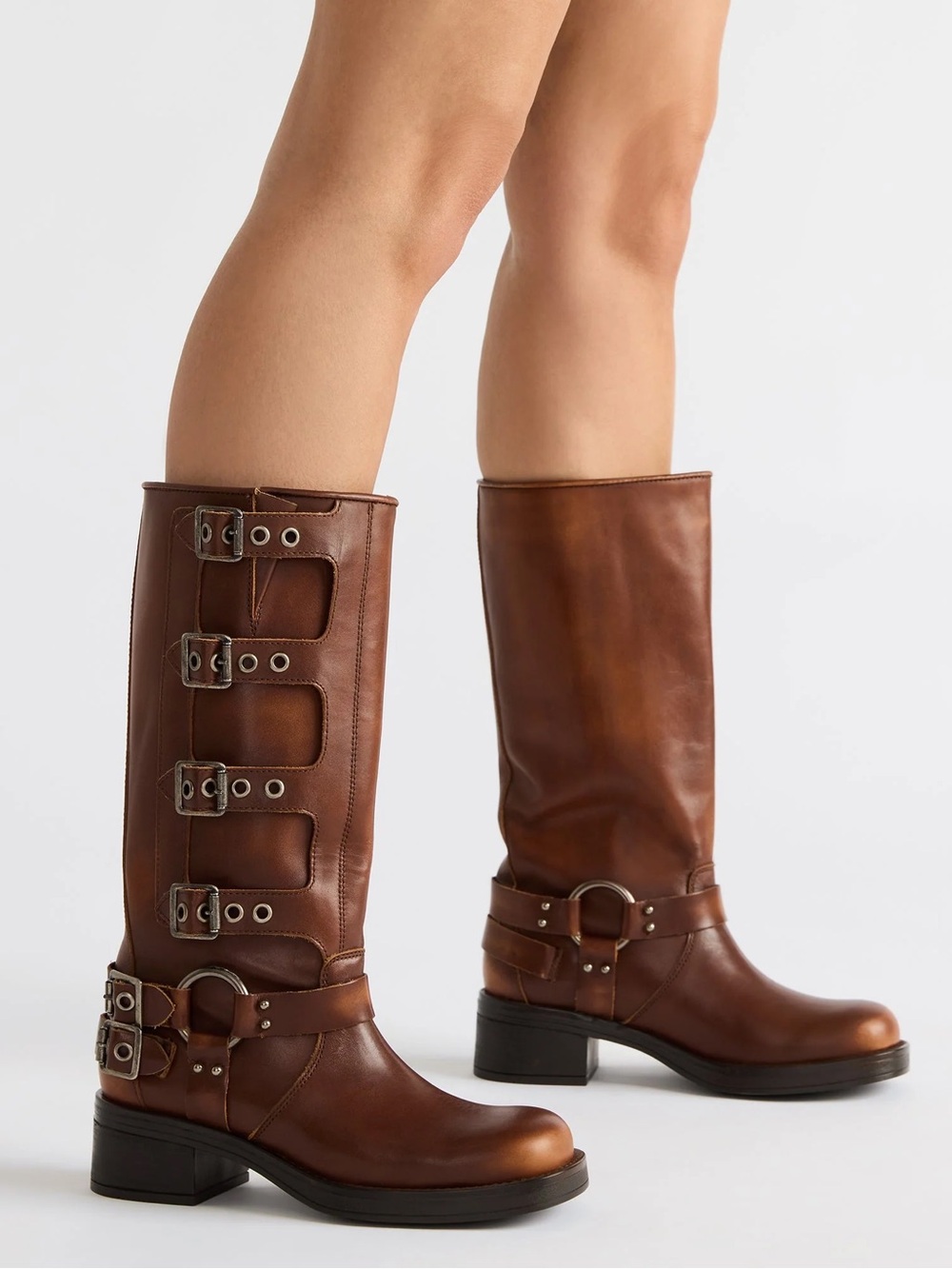 Women's Brown Buckle Knee-High Leather Riding Boots (ROCKY COGNAC DISTRESSED)